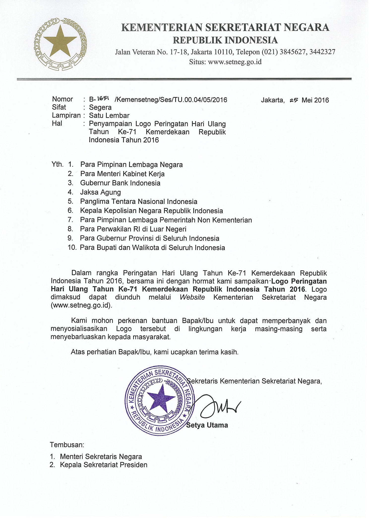 Surat Pernyataan Penyampaian Logo Peringatan HUT ke 71 Kemerdekaan RI Tahun 2016